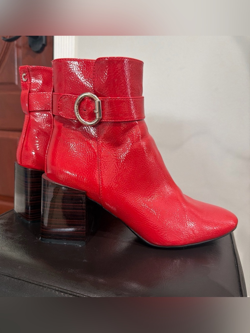 Women’s Red Patent Leather Ankle Boots with Buckle Strap